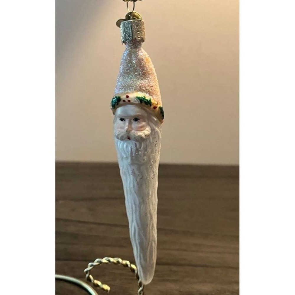 Old World Christmas OWC Glass Santa Head Ornament Long Beard Holly Hat 5.75"